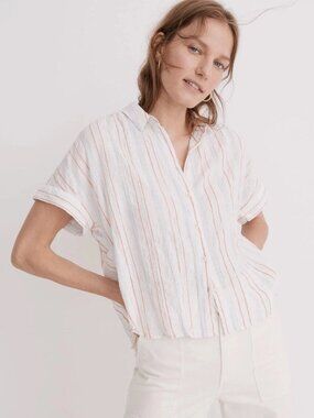 Madewell Courier Coral Shirt Blue Stripe Textured Gauze Cuffed Short Sleeve M